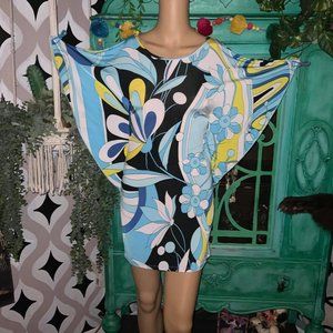 1960s print Blue and White Spandex dress